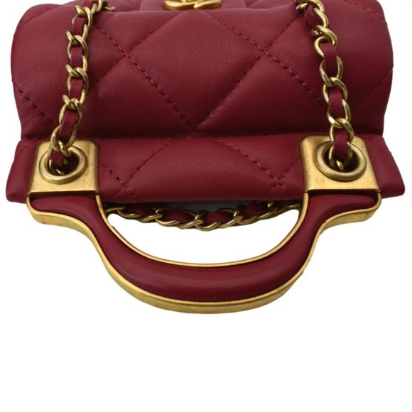CHANEL Top Handle Flap Card Holder Quilted Leather Chain Shoulder Bag Red - Picture 5 of 14